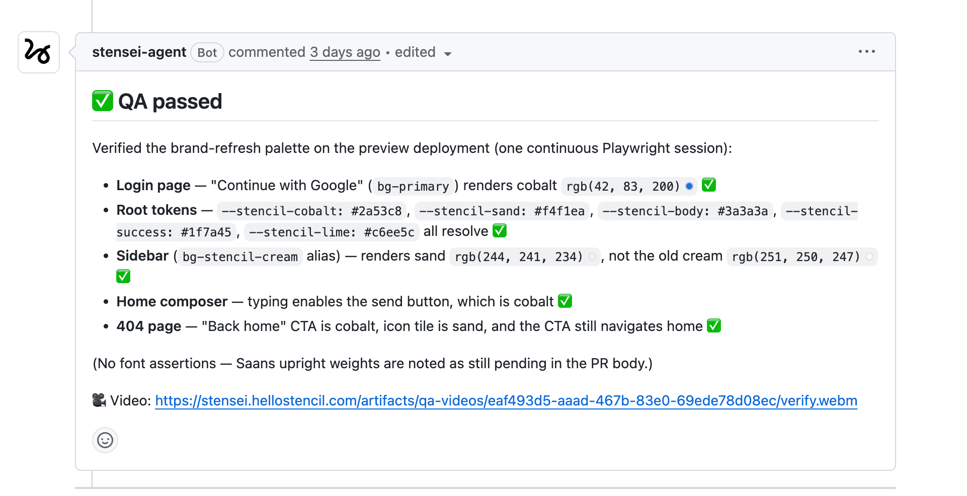 The QA agent's verdict on a real PR: every claim checked against the live preview, with the full browser-drive video attached — posted before any human looked at it.